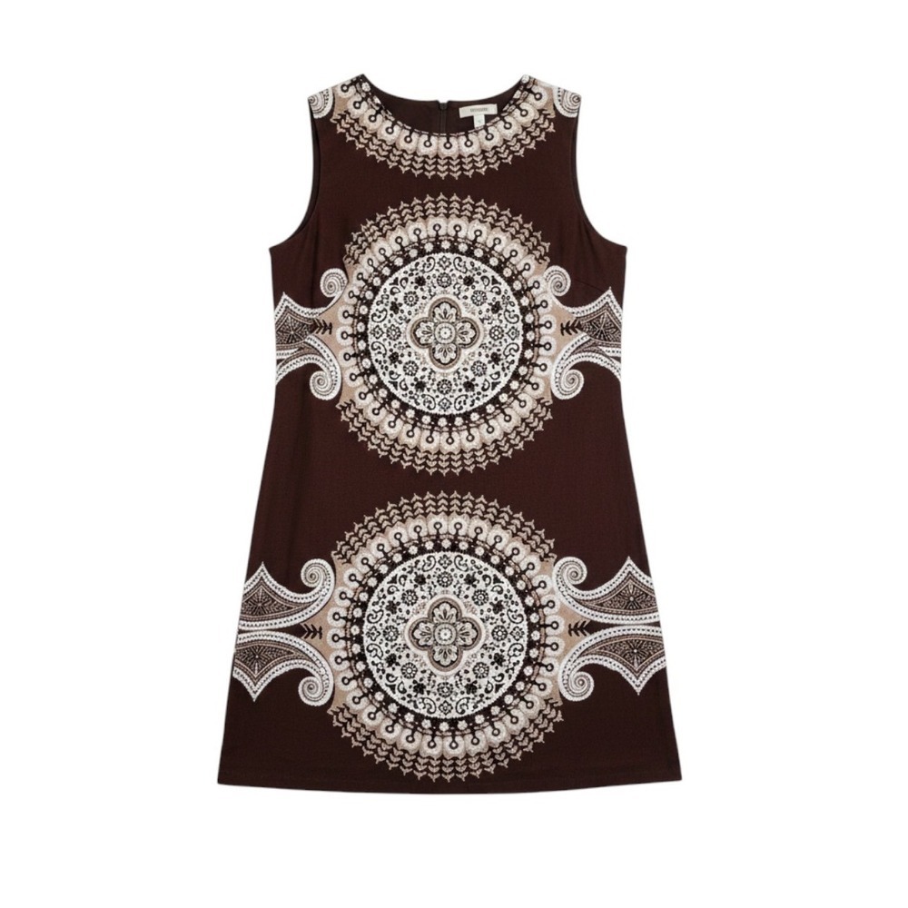 Maggy London Sz 10 Chocolate 100% Linen minimalist Dress Paisley Print